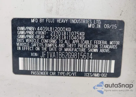 2016 Subaru Wrx from USA, damaged, VIN JF1VA1B62G9815614